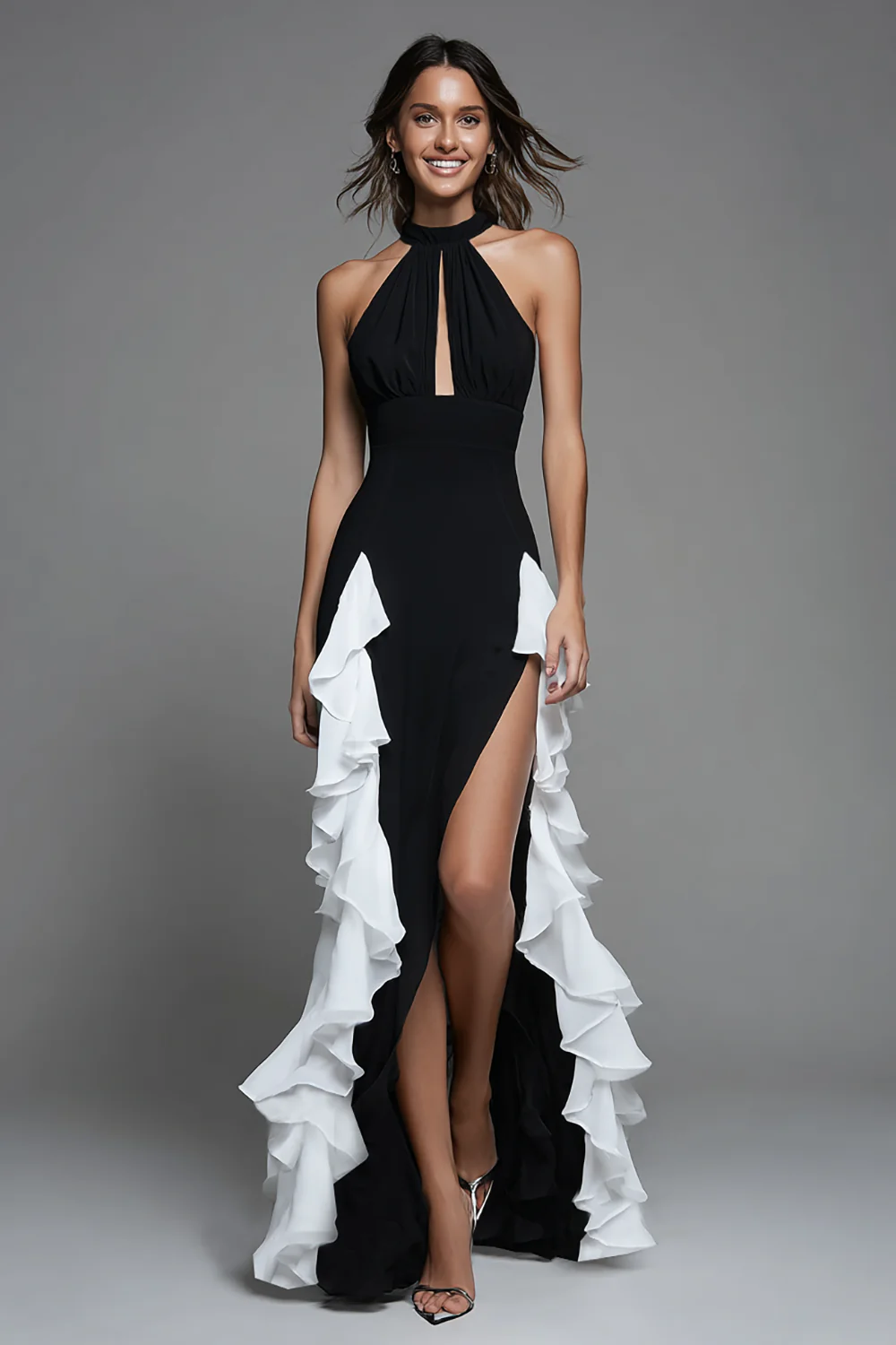 Black&White Keyhole Sheath High Low Formal Dress with Ruffles - VNBITS