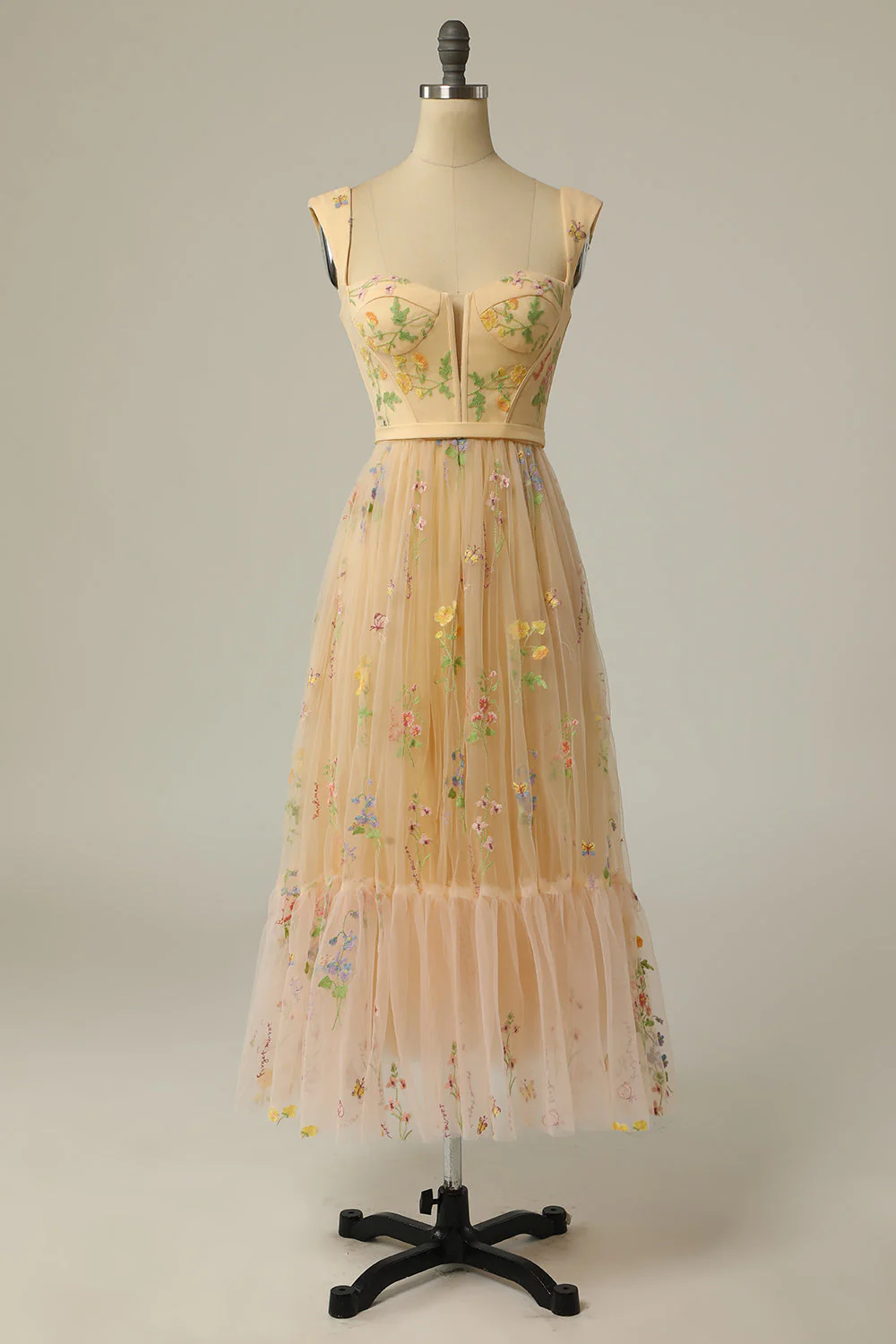 A Line Sweetheart Champagne Long Prom Dress with Embroidery - VNBITS