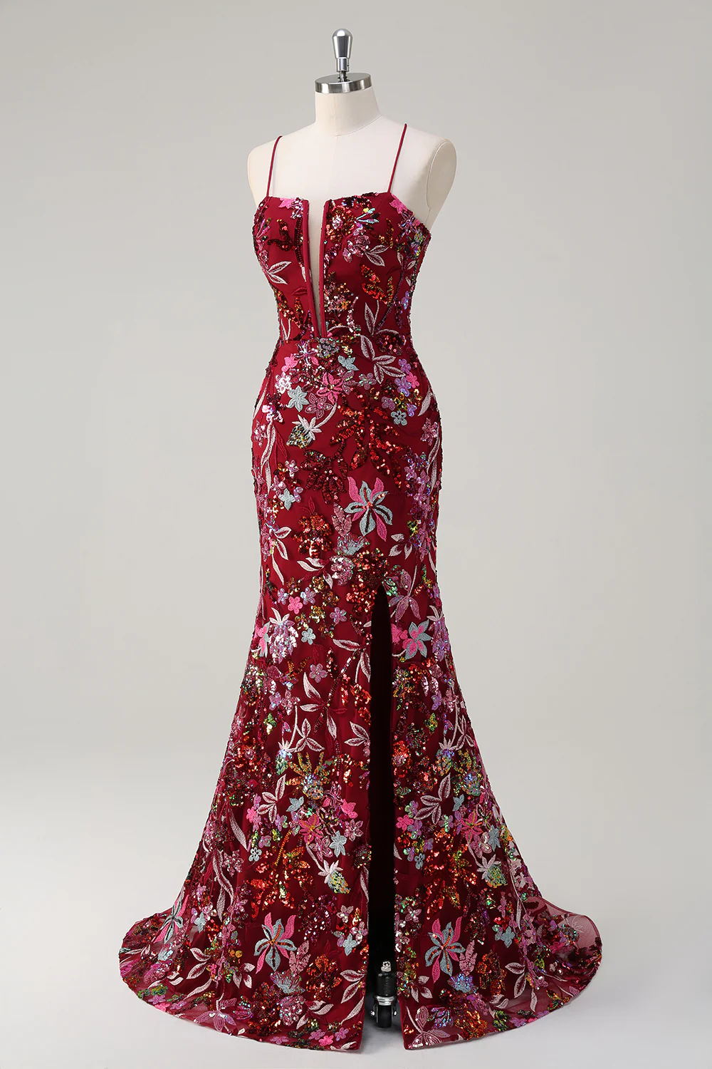 Sparkly Burgundy Floral Mermaid Spaghetti Straps Long Prom Dress with Slit - VNBITS