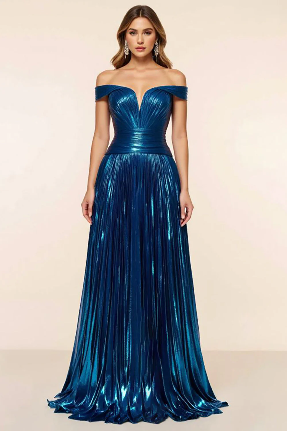 Peacock Blue A Line Satin Glitter Off the Shoulder Long Prom Dress - VNBITS