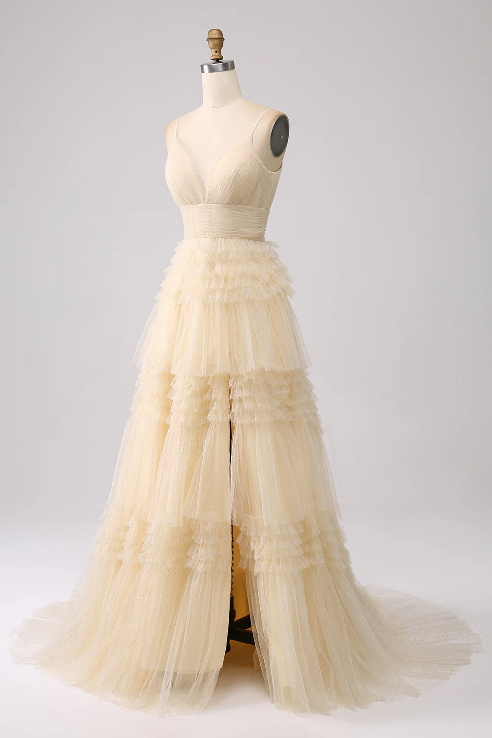 A Line Spaghetti Straps Navy Tiered Prom Dress - VNBITS