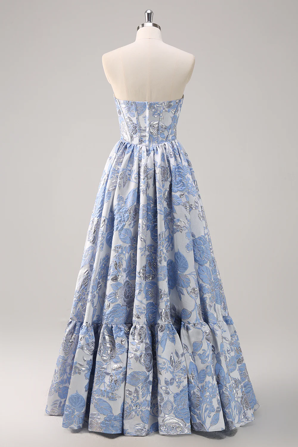 Sweetheart Blue Corset Floral Long Prom Dress - VNBITS