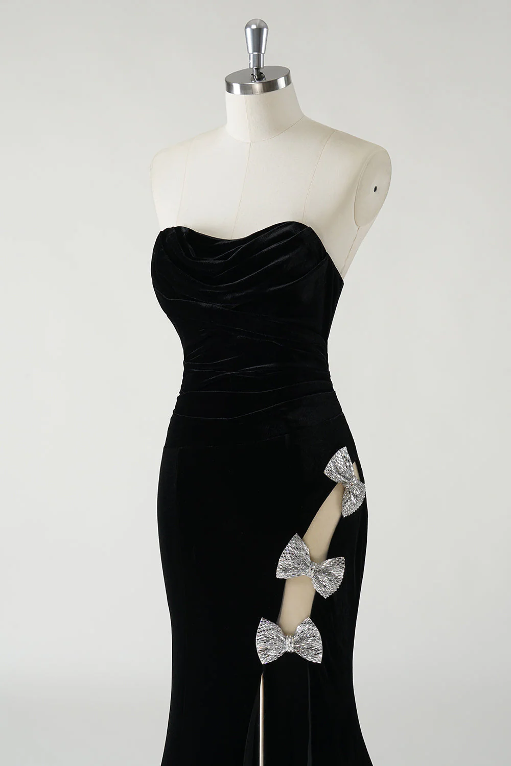 Black Strapless Velvet Sparkly Bows Long Formal Dress With High Slit (Not Gloves) - VNBITS