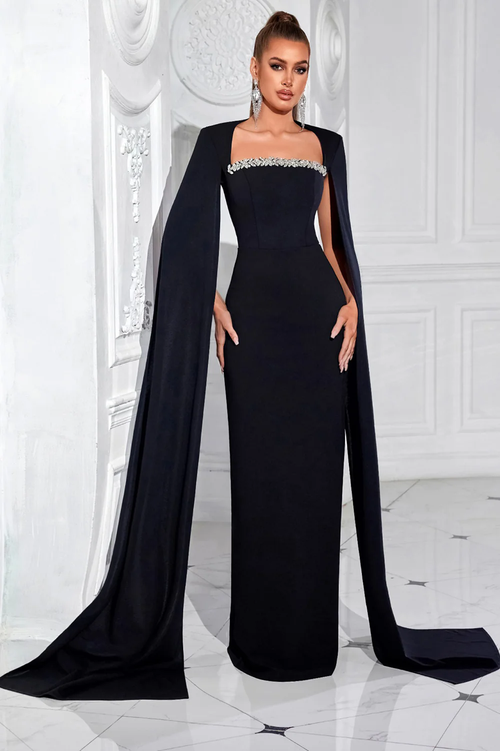 Sparkly Black Sheath Long Prom Dress with Cape - VNBITS