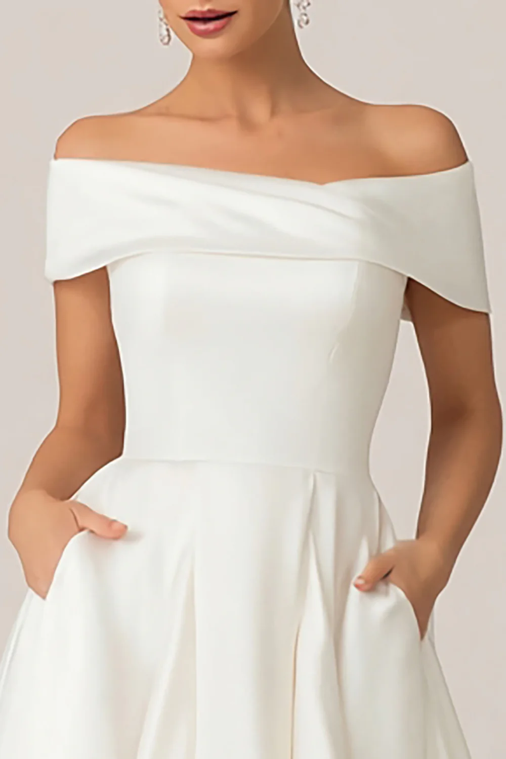 White Satin Off the Shoulder Midi Wedding Reception Dress with Pockets - VNBITS