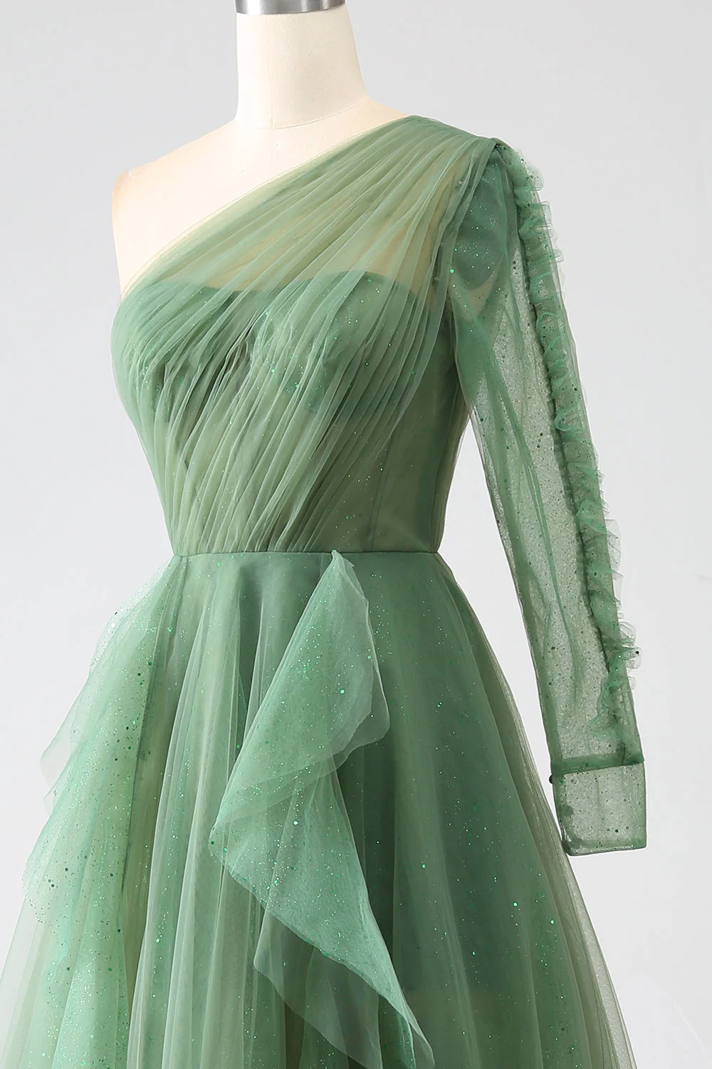 Dark Green A-Line One-Shoulder Long Prom Dresses With Long Sleeves - VNBITS