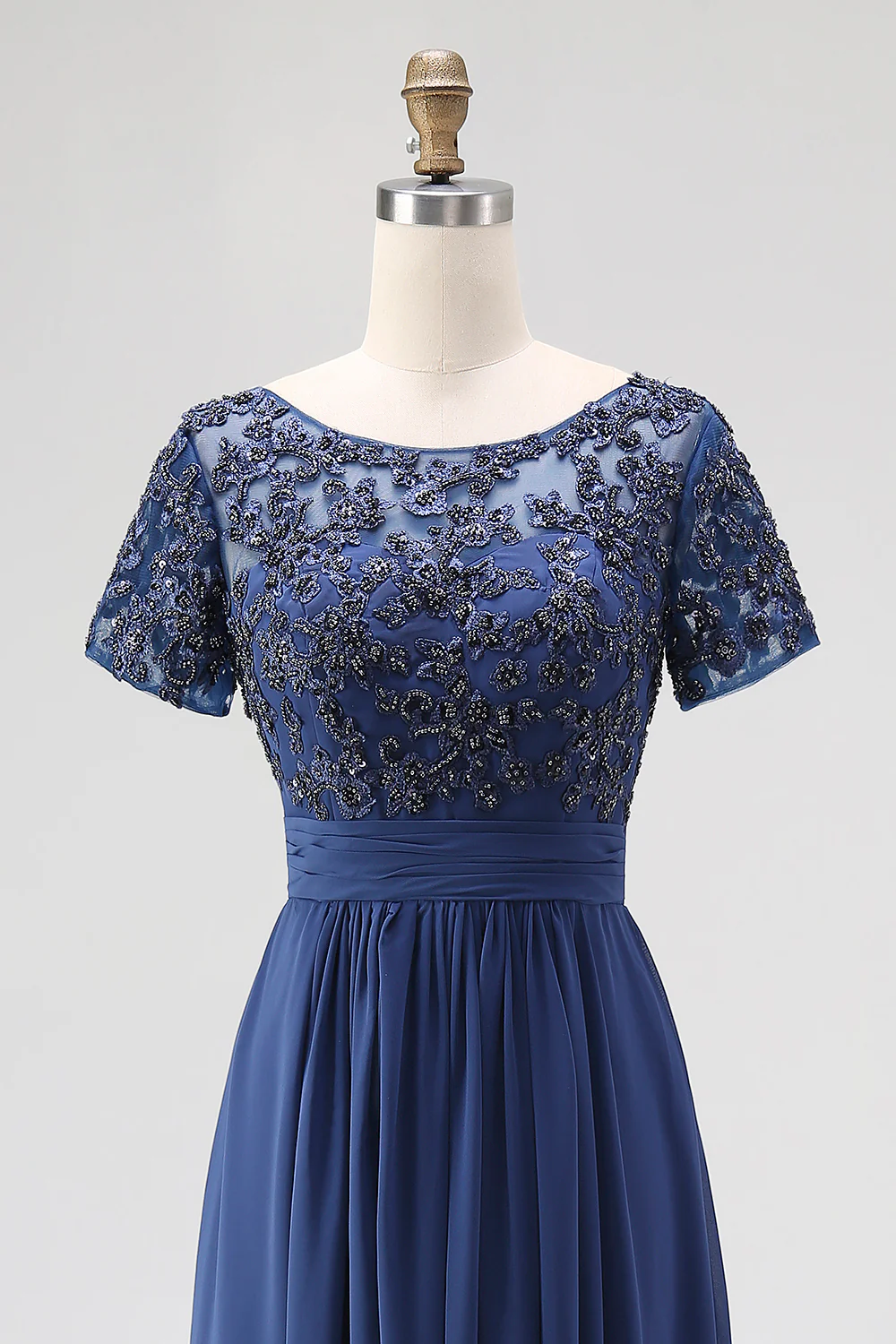 Navy Boat Neck Appliques A-Line Long Mother Of the Bride Dress with Sleeves - VNBITS