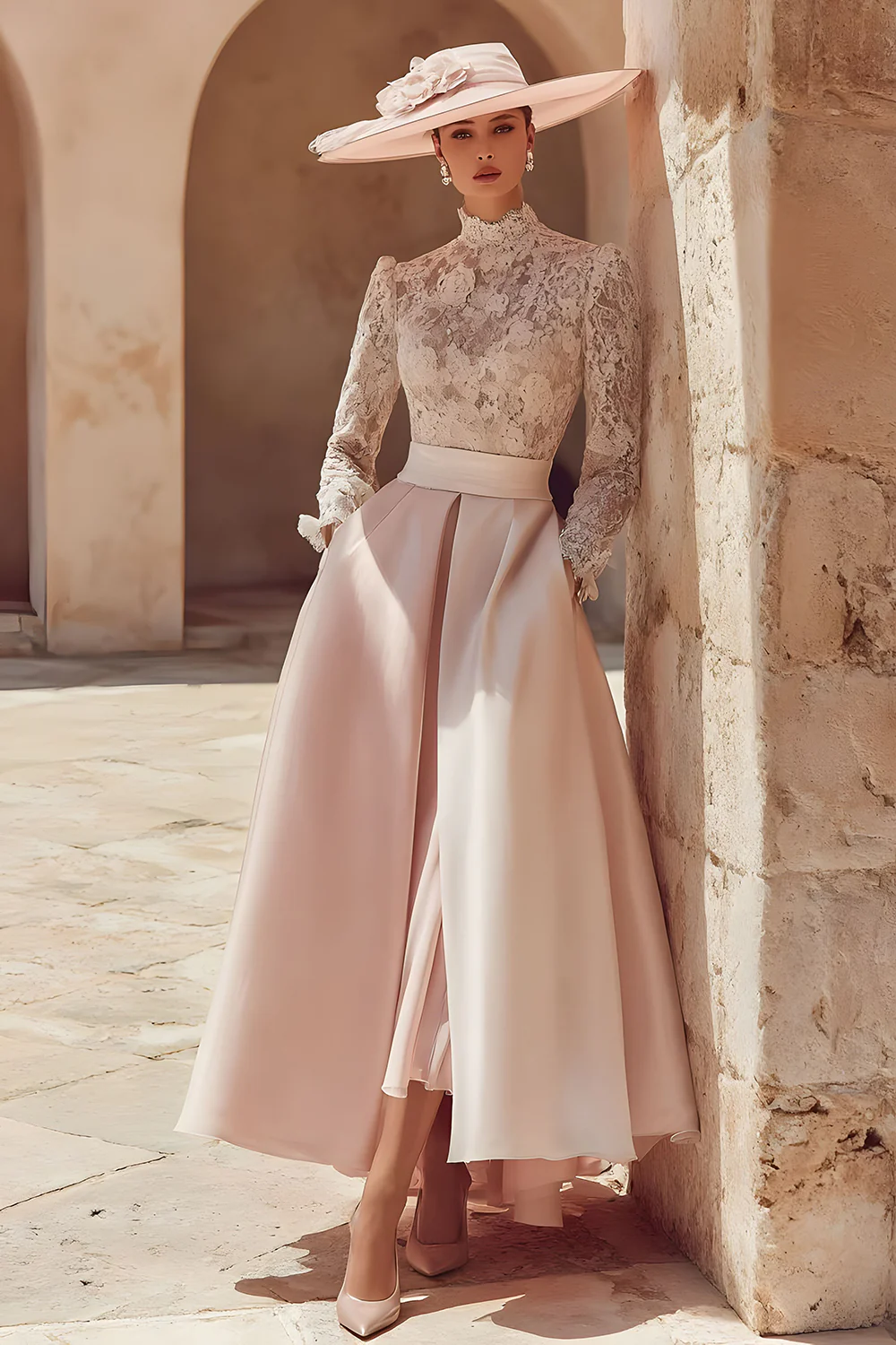 Candy Pink High Neck A Line Long Mother of the Bride Dress with Lace - VNBITS
