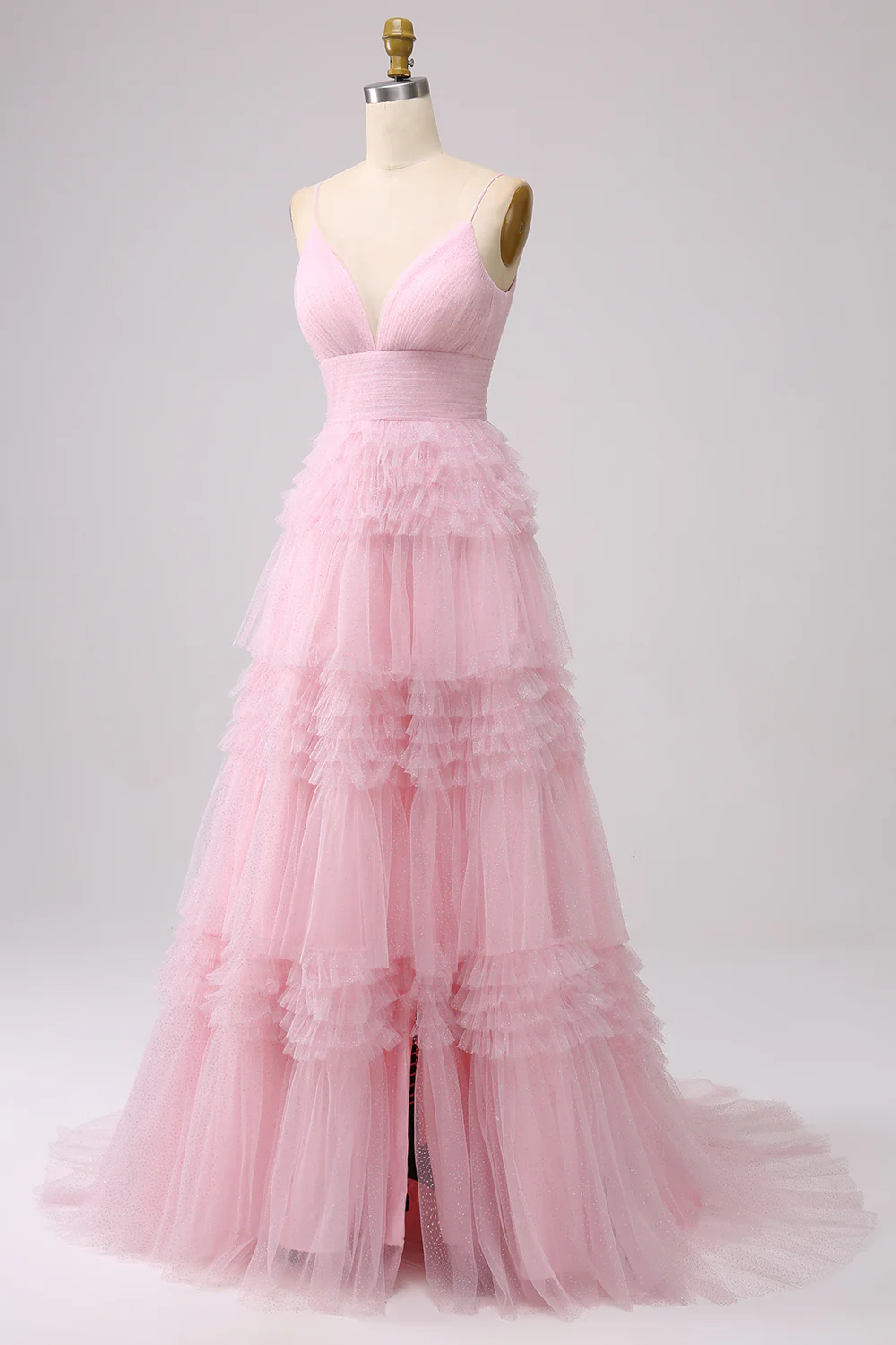 A Line Spaghetti Straps Navy Tiered Prom Dress - VNBITS