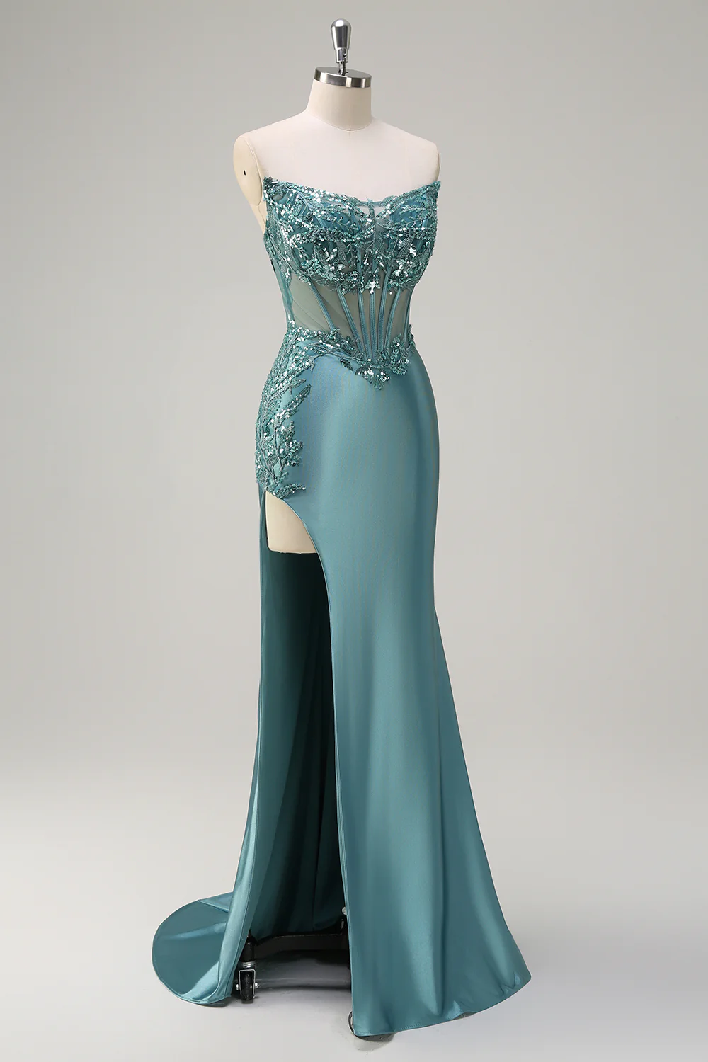 Grey Green Satin Mermaid Applique Long Prom Dress with Slit - VNBITS