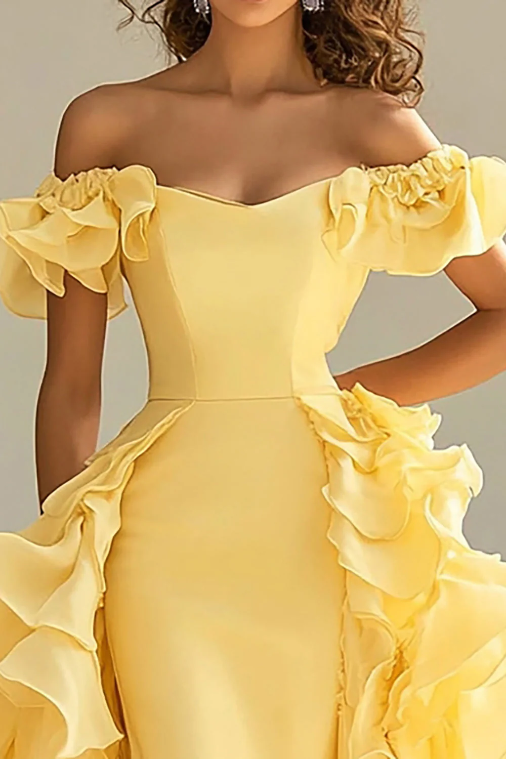 Yellow Satin Long Off the Shoulder Prom Dress with Ruffles - VNBITS