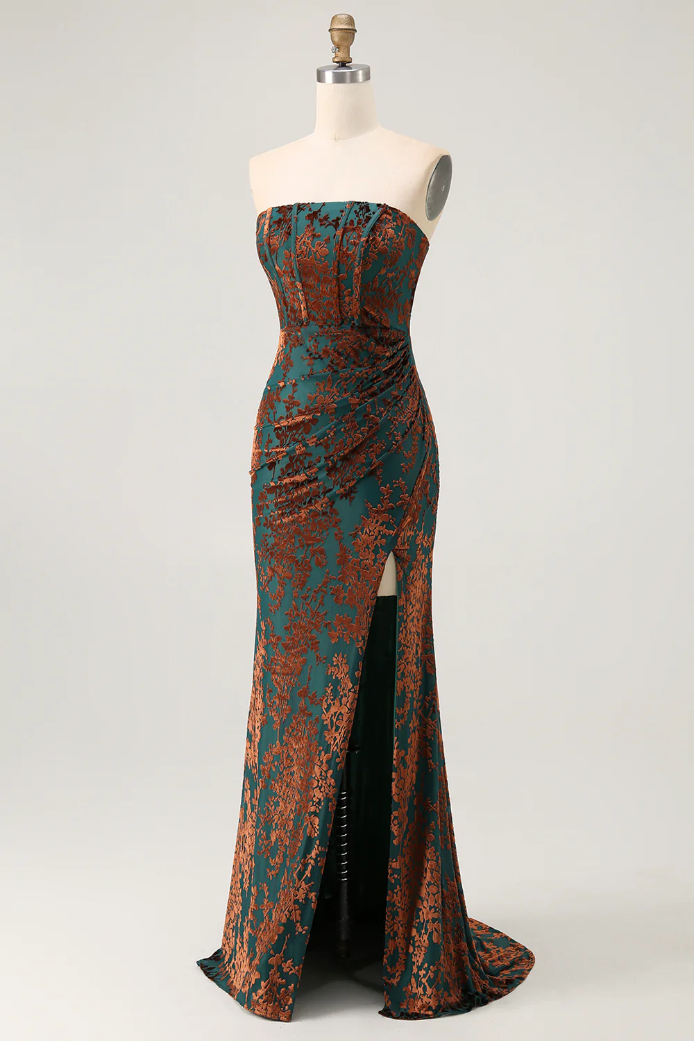 Peacock Green Velvet Mermaid Corset Long Wedding Guest Dress with Slit - VNBITS