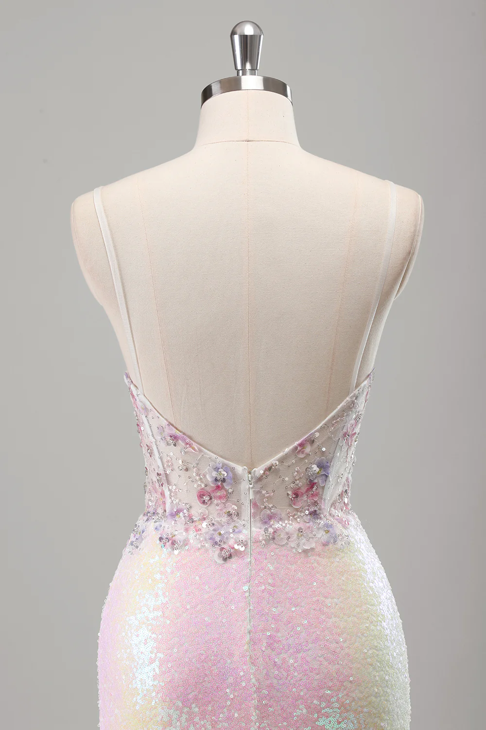 Sparkly Pink Floral Mermaid Sequined Spaghetti Straps Long Prom Dress with Slit - VNBITS