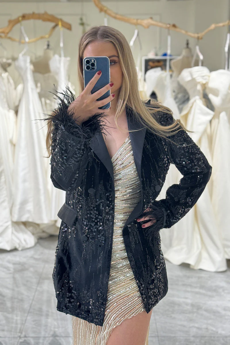 Sparkly Black Peak Lapel Sequins Women Blazer with Feathers - VNBITS