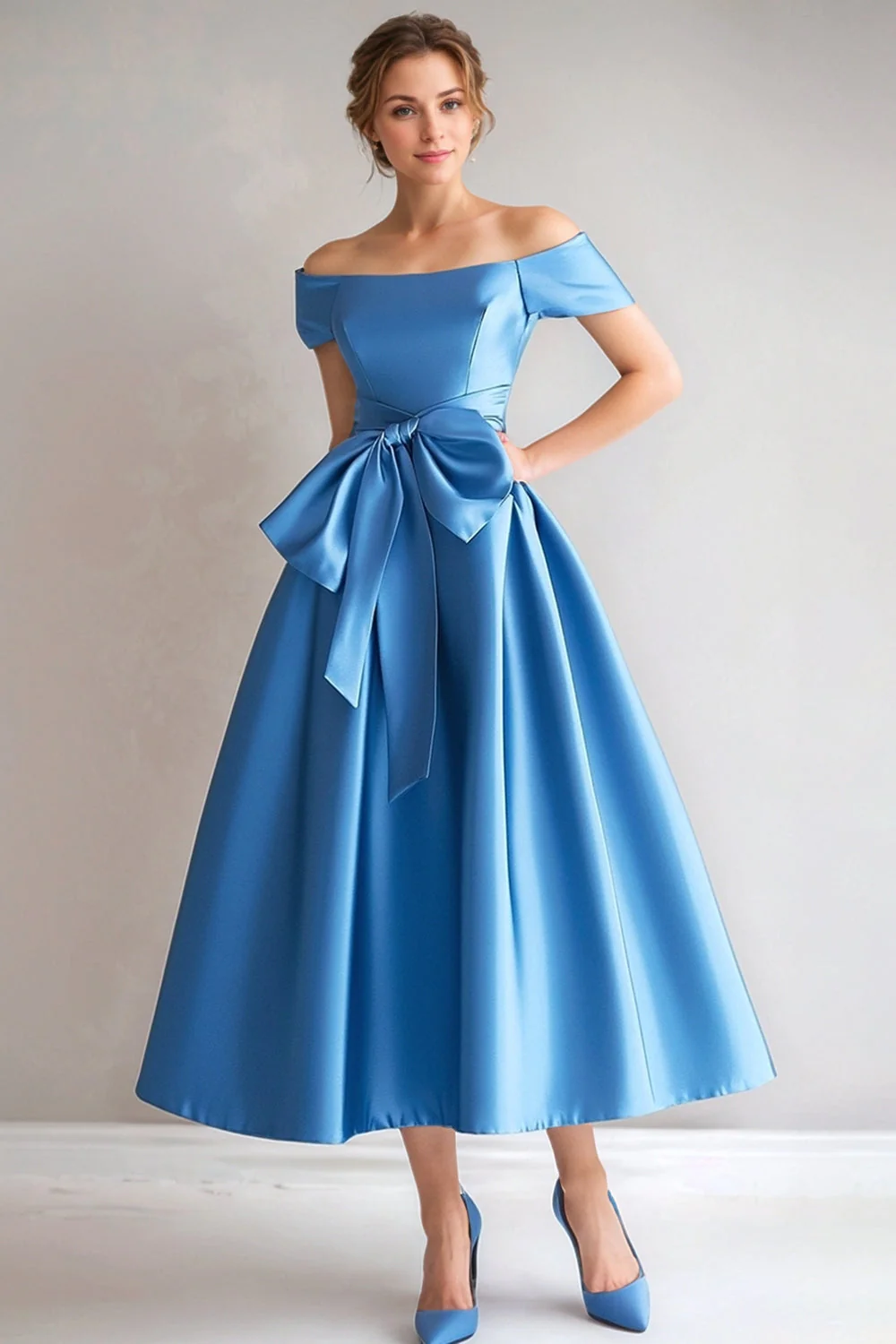 Blue Off the Shoulder A-Line Satin Tea Length Mother Of The Bride Dress with Bow - VNBITS