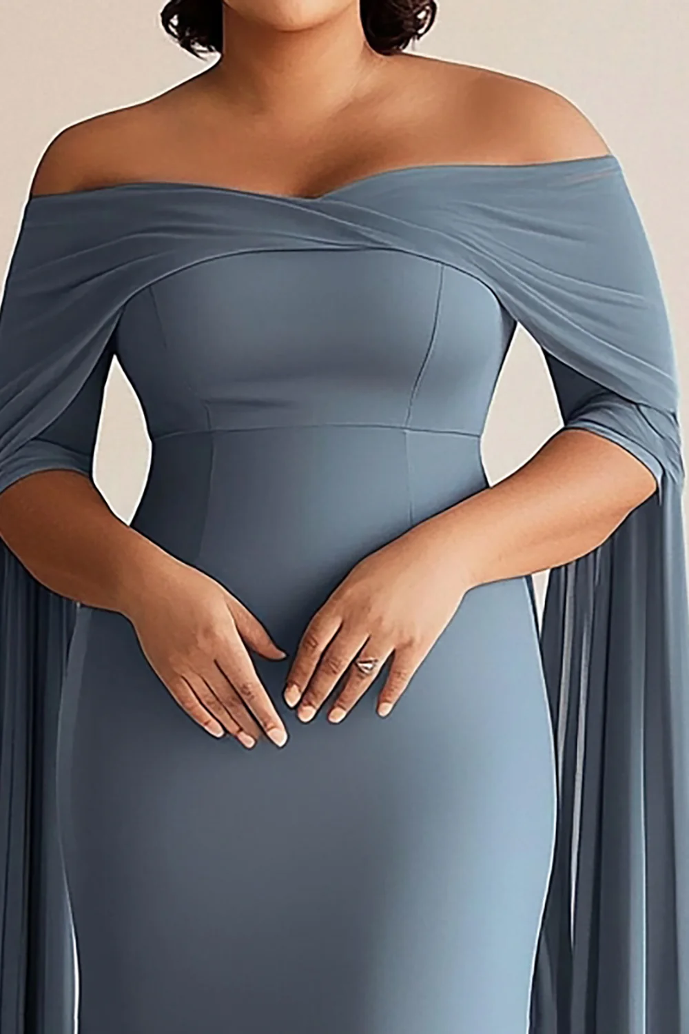Grey Blue Off the Shoulder Chiffon Plus Size Long Mother of the Bride Dress - VNBITS