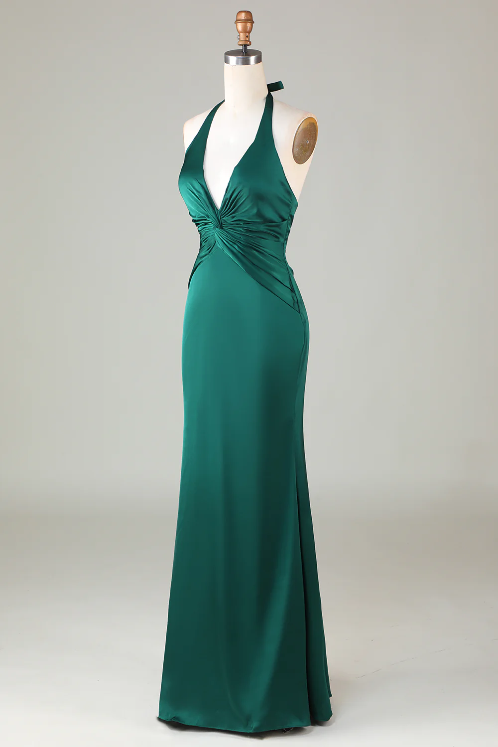 Mermaid Halter Dark Green Long Satin Bridesmaid Dress - VNBITS