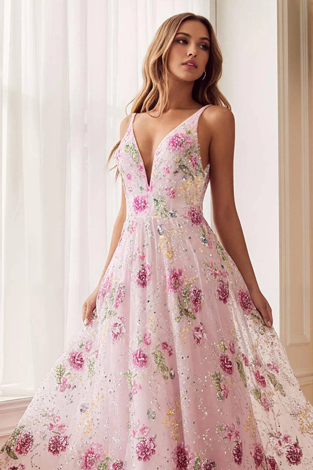 Sparkly Pink Embroidered Floral A Line V-Neck Long Prom Dress - VNBITS