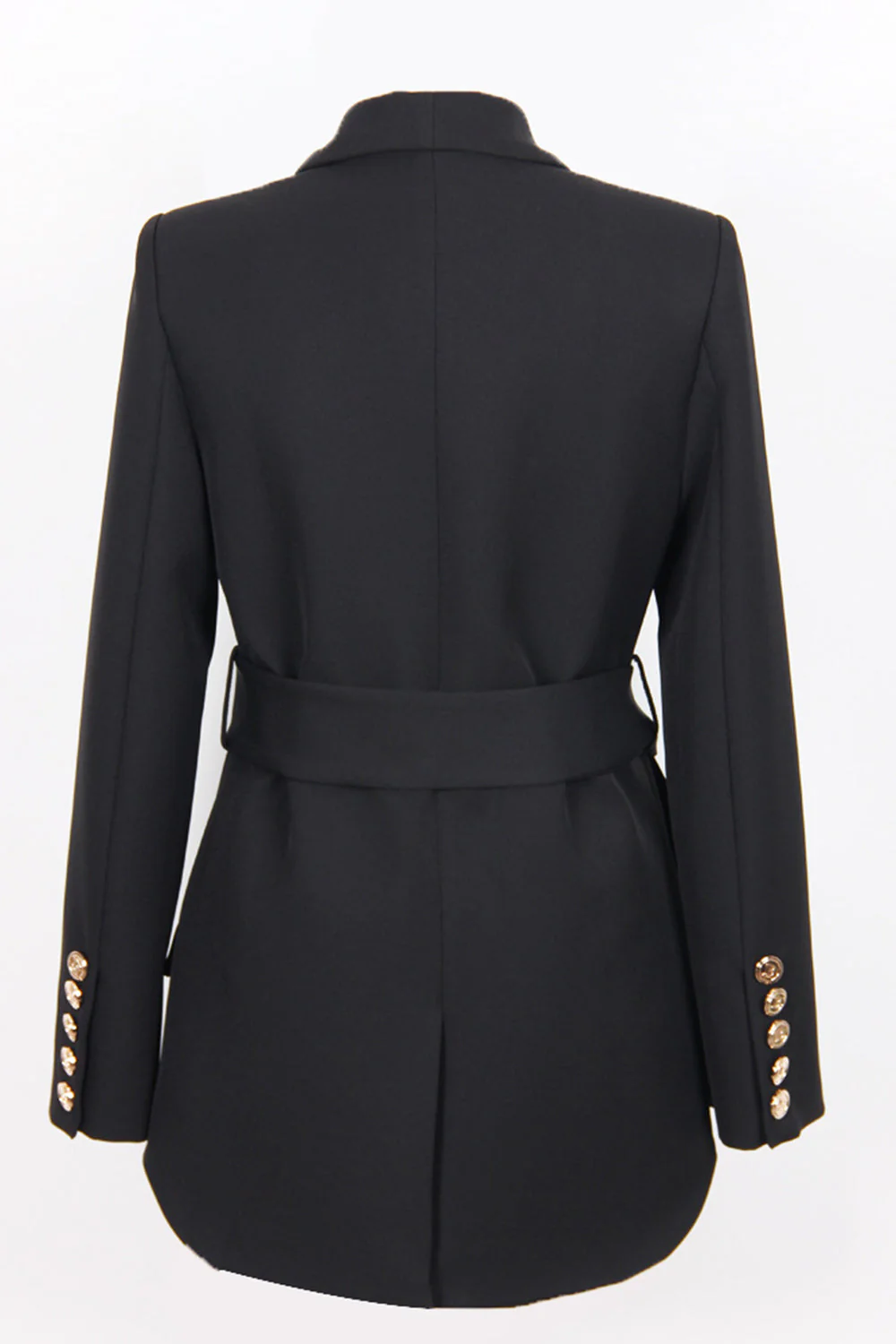 Black Shawl Lapel Double Breasted Long Women Blazer with Belt - VNBITS