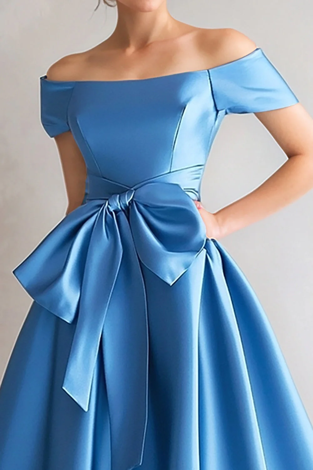 Blue Off the Shoulder A-Line Satin Tea Length Mother Of The Bride Dress with Bow - VNBITS