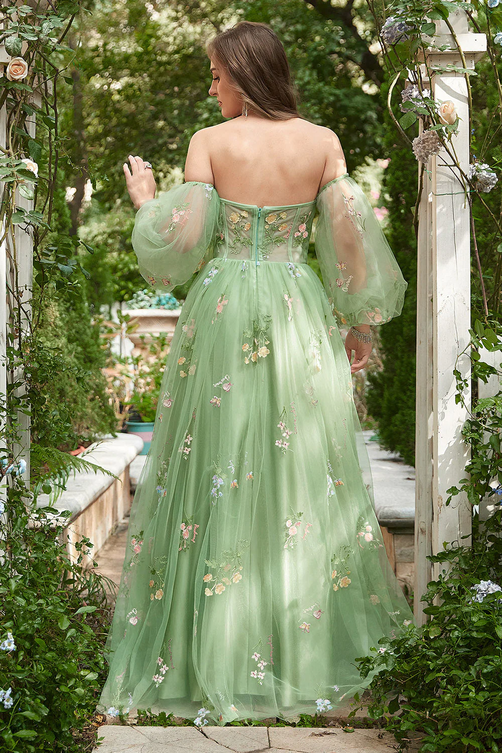 Off The Shoulder Green Long Sleeves A-Line Prom Dress - VNBITS