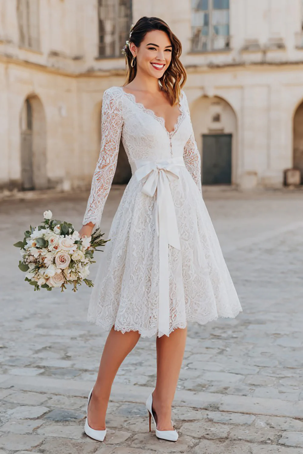 Ivory Lace A Line Midi Boho Wedding Dress with Sleeves - VNBITS