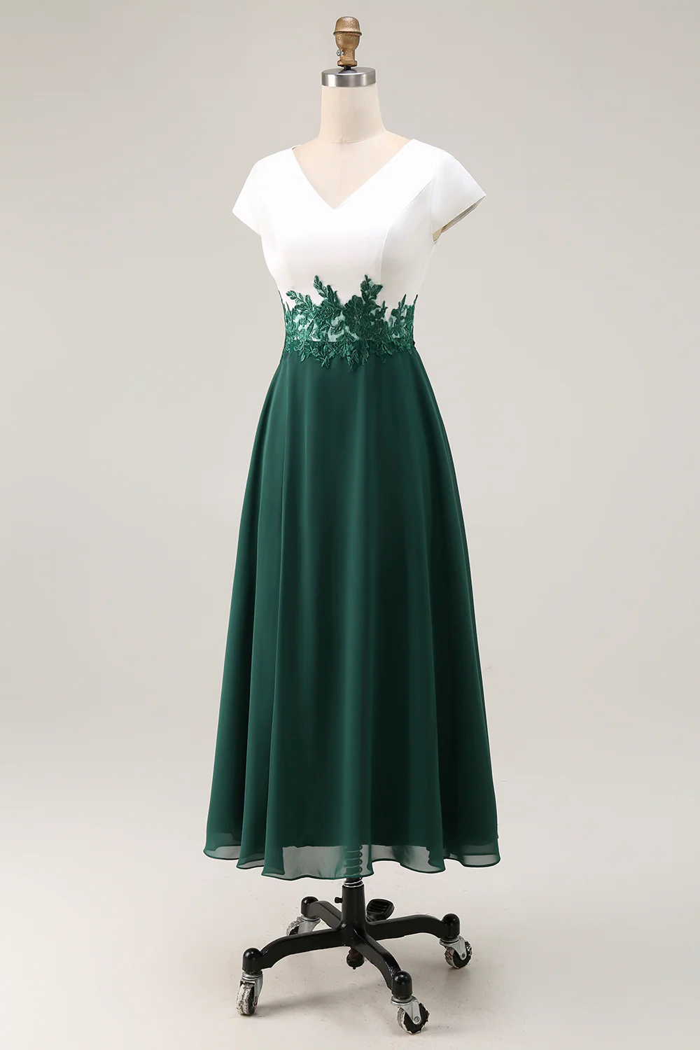 White Green V-Neck Appliqued Long Mother of the Bride Dress with Sleeves - VNBITS