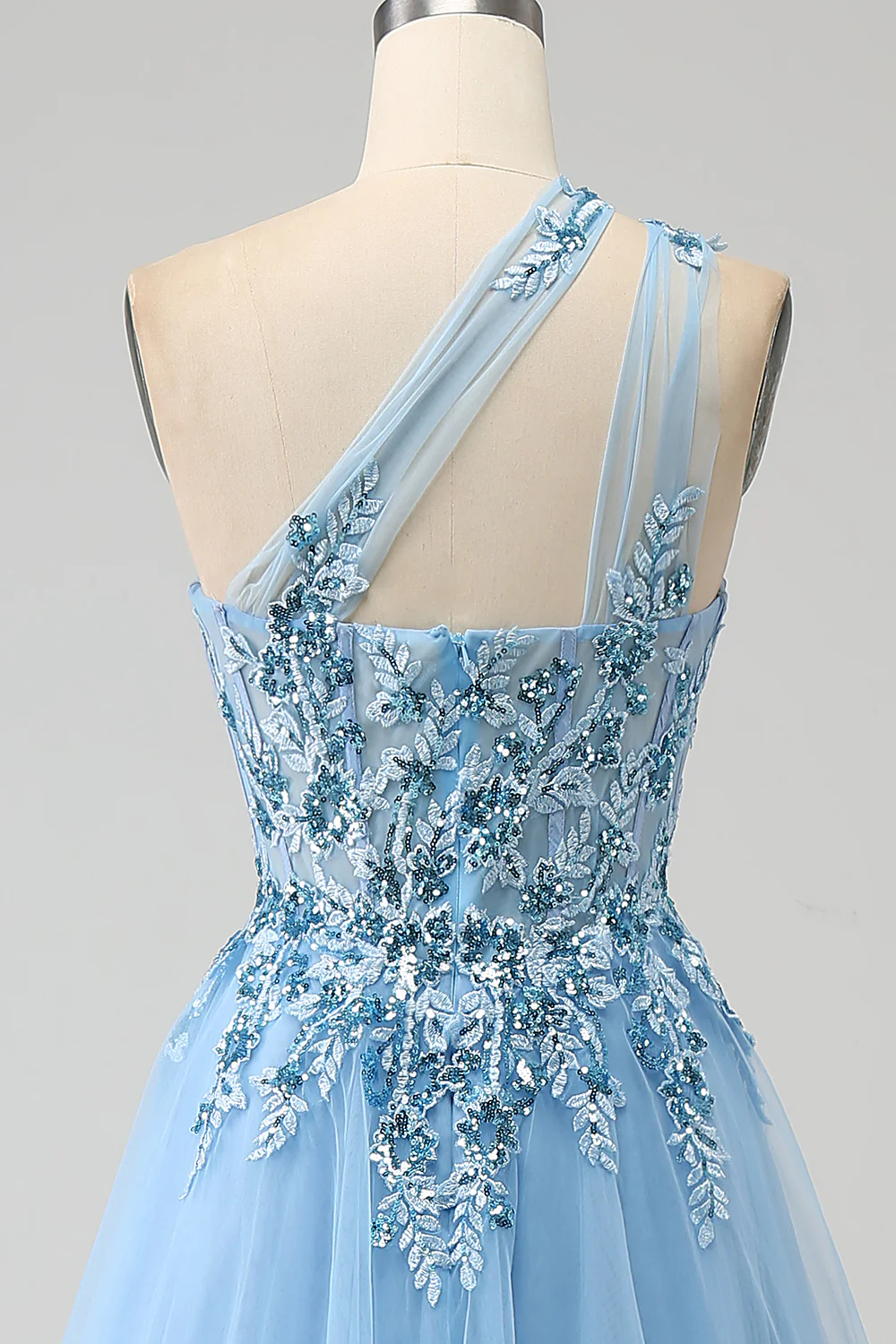 Light Blue A-Line One Shoulder Sequin Prom Dress with Appliques - VNBITS