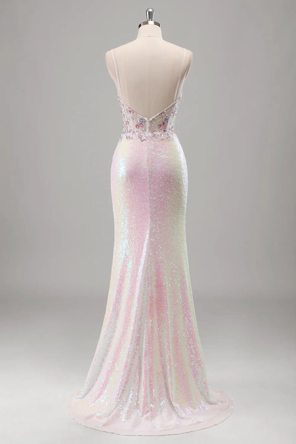 Sparkly Pink Floral Mermaid Sequined Spaghetti Straps Long Prom Dress with Slit - VNBITS