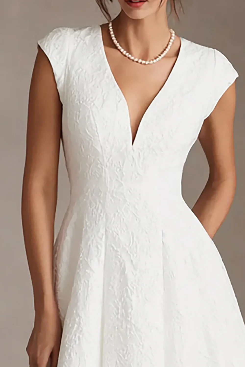 Simple White V-Neck A Line Midi Wedding Reception Dress - VNBITS