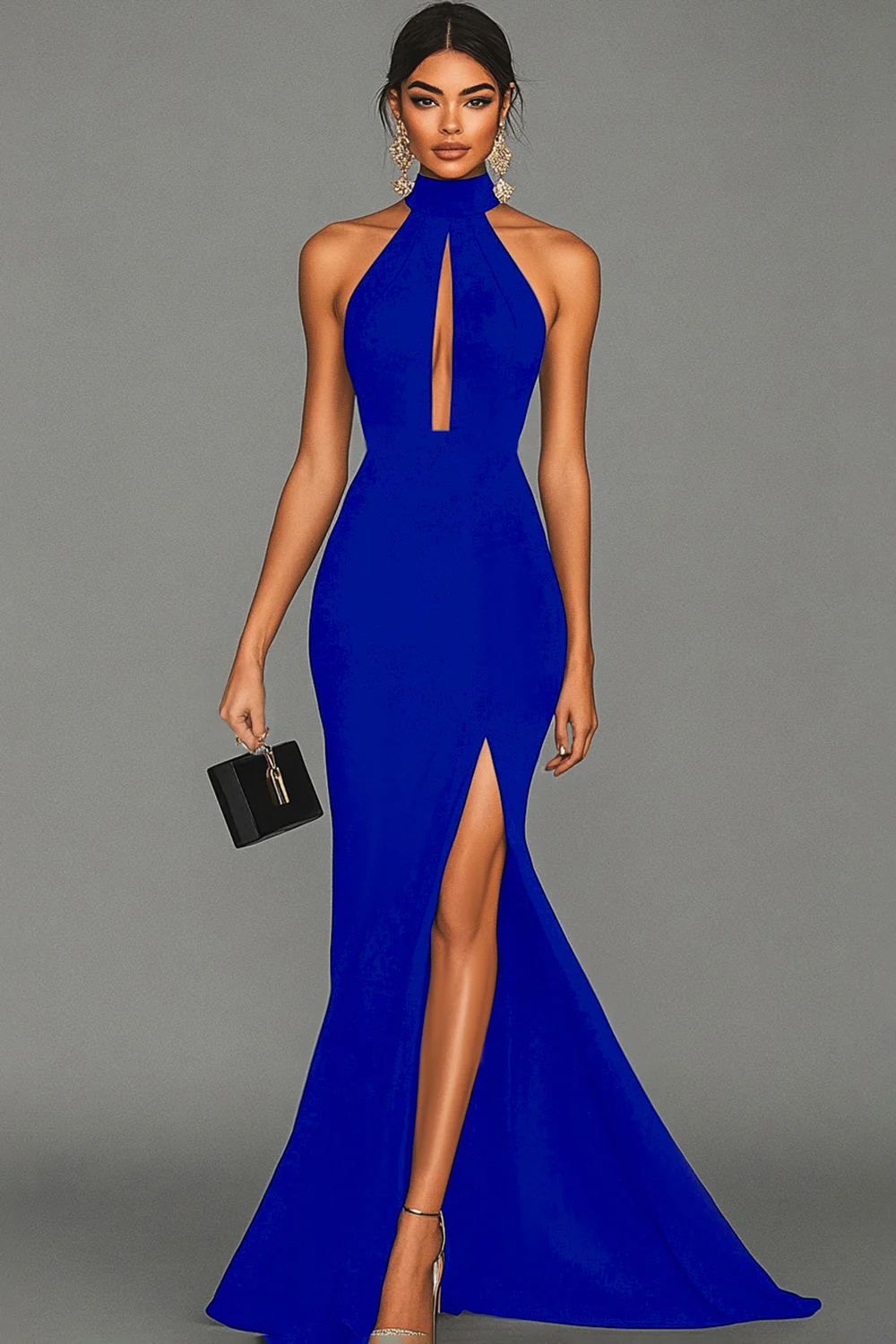 Black Mermaid Halter Neck Satin Long Formal Dress - VNBITS
