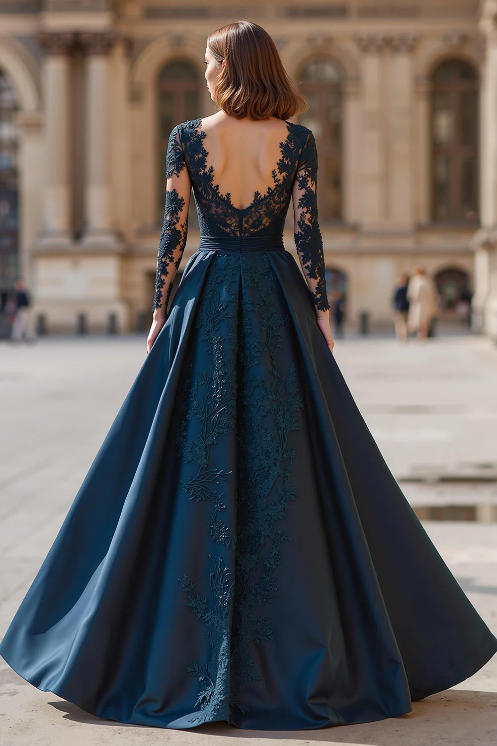 Navy V-Neck Long Sleeves A-Line Long Mother of the Bride Dress with Lace - VNBITS