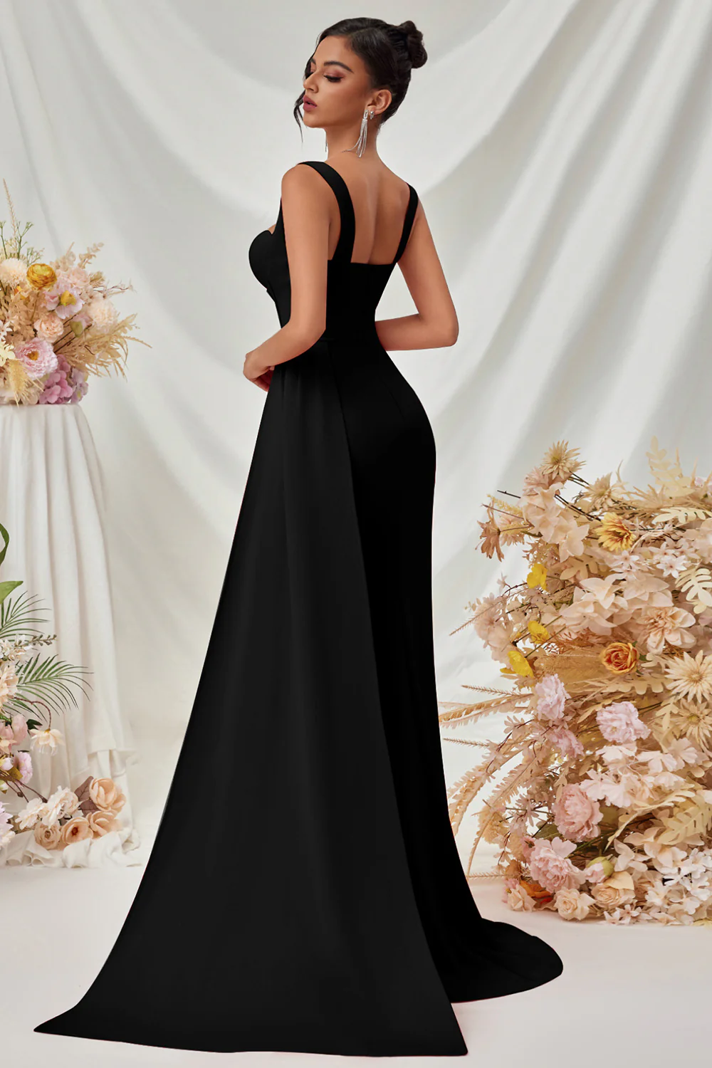 Simple Black Mermaid Long Prom Dress with Side Cape - VNBITS