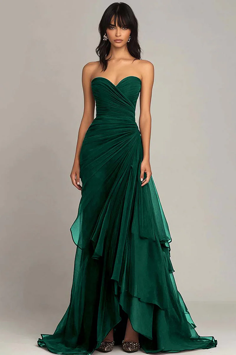Black Sweetheart Ruched Ruffled Long Formal Dress - VNBITS
