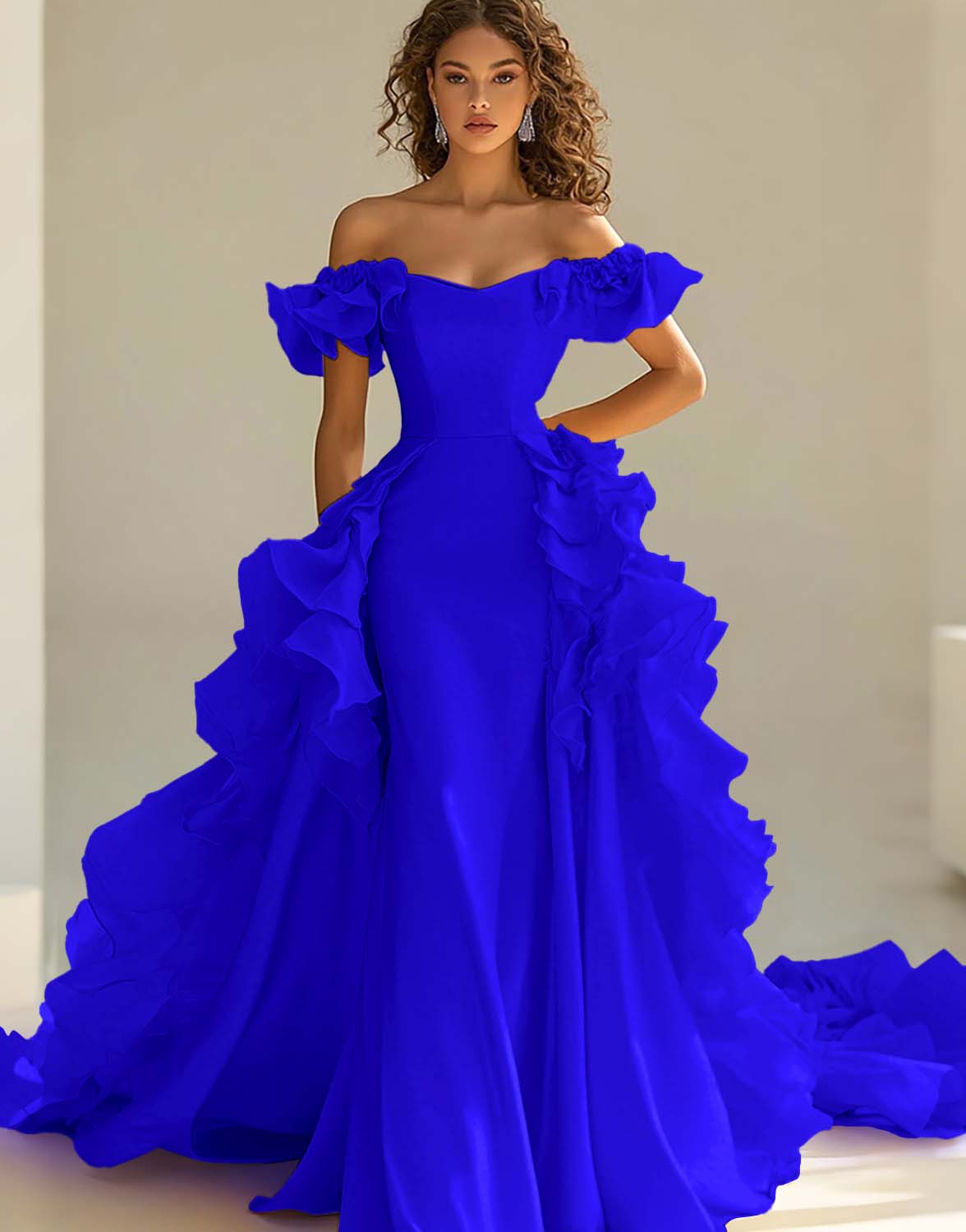 Yellow Satin Long Off the Shoulder Prom Dress with Ruffles - VNBITS