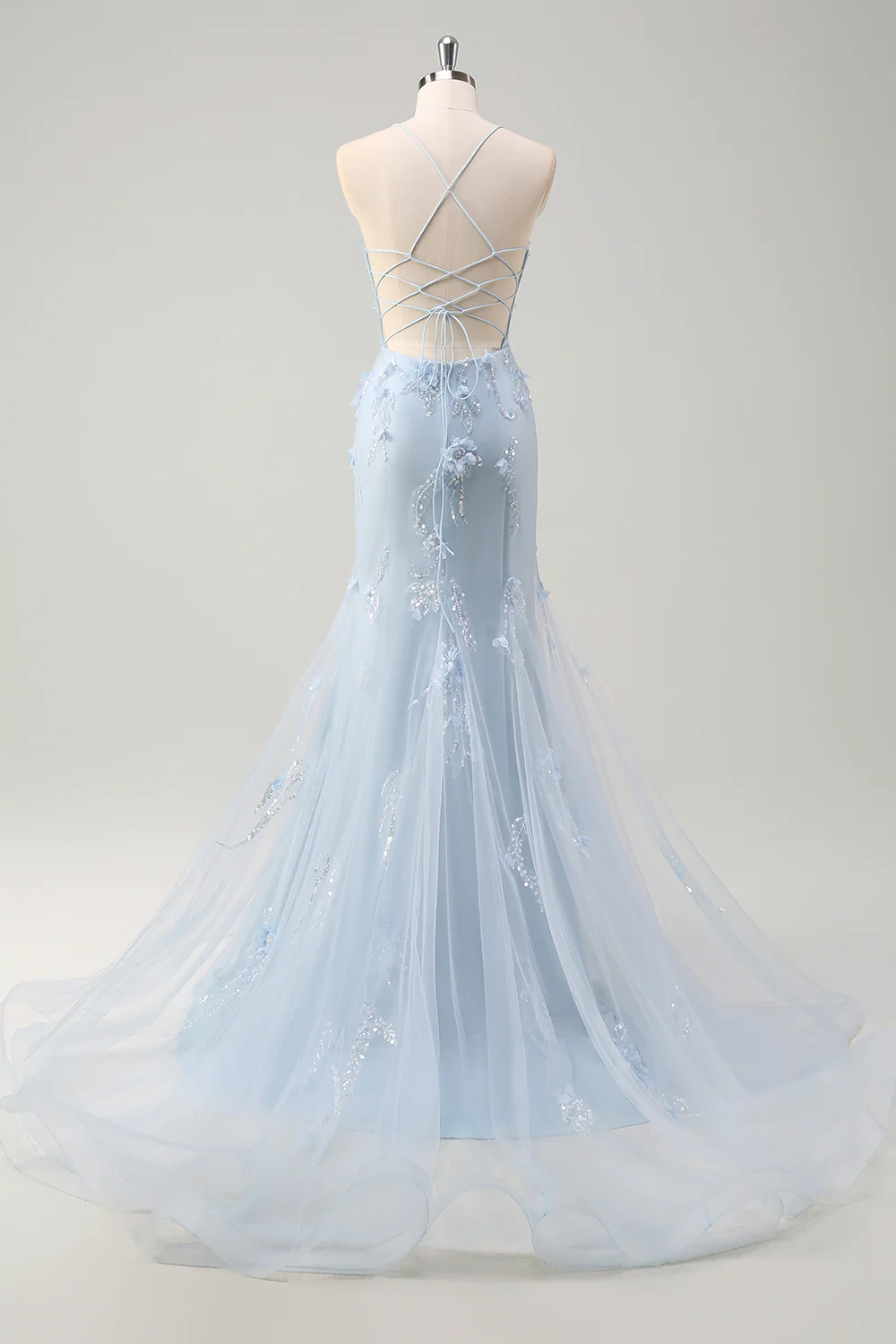 Sparkly Blue Mermaid Long Prom Dress with 3D Flowers - VNBITS