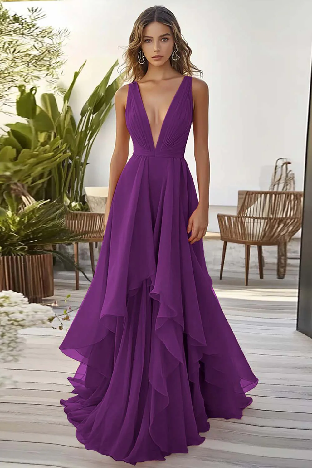 Dusty Blue Chiffon Deep V-Neck A Line Long Wedding Guest Dress with Ruffles - VNBITS