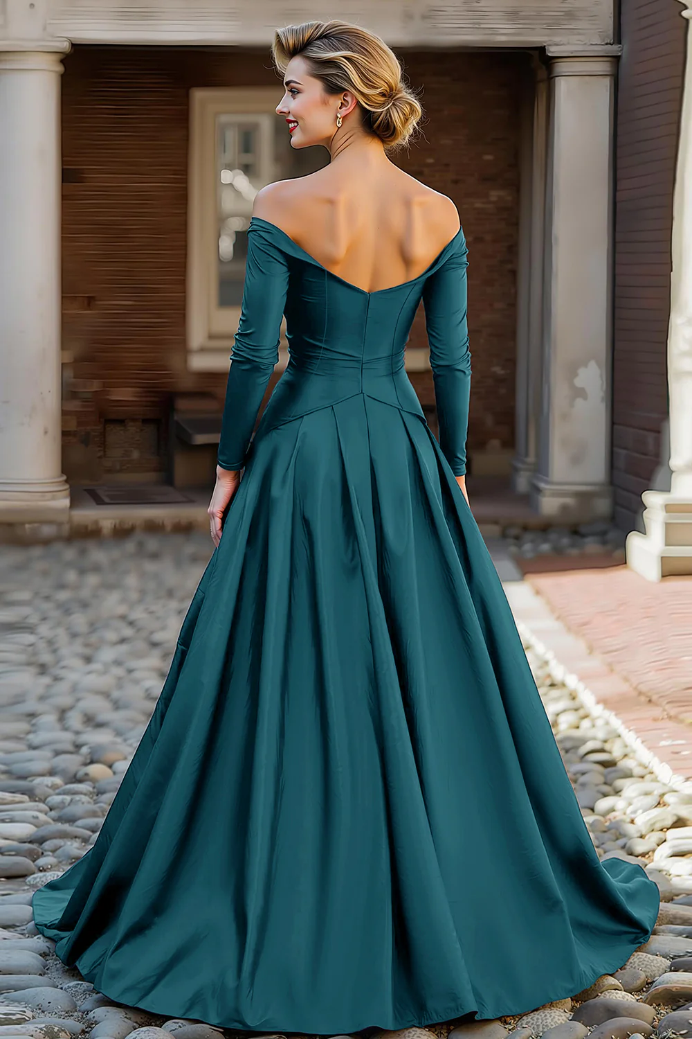 Plum Off the Shoulder A Line Long Mother of the Bride Dress with Sleeves - VNBITS