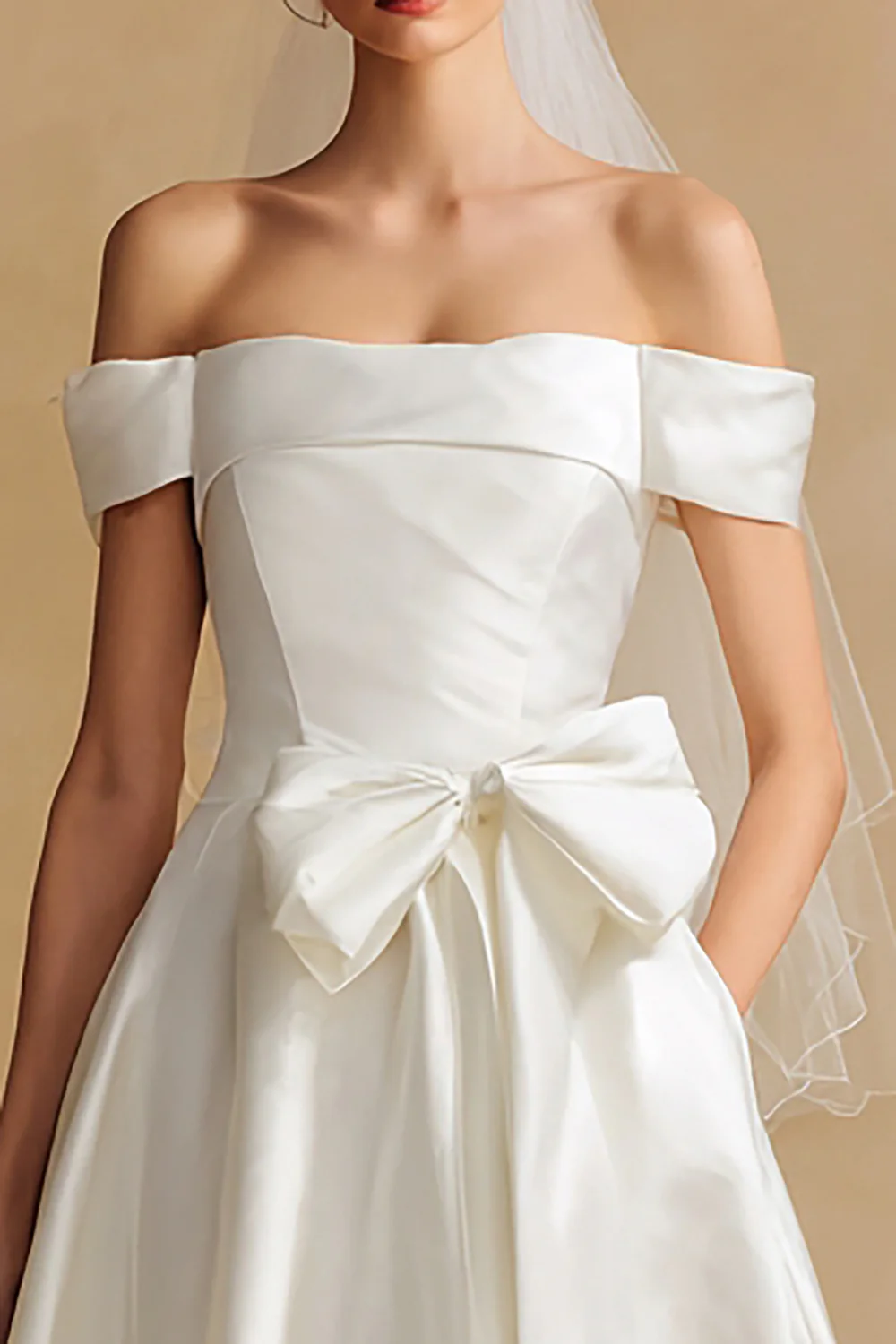 White Off the Shoulder Satin Long Wedding Dress with Bow - VNBITS