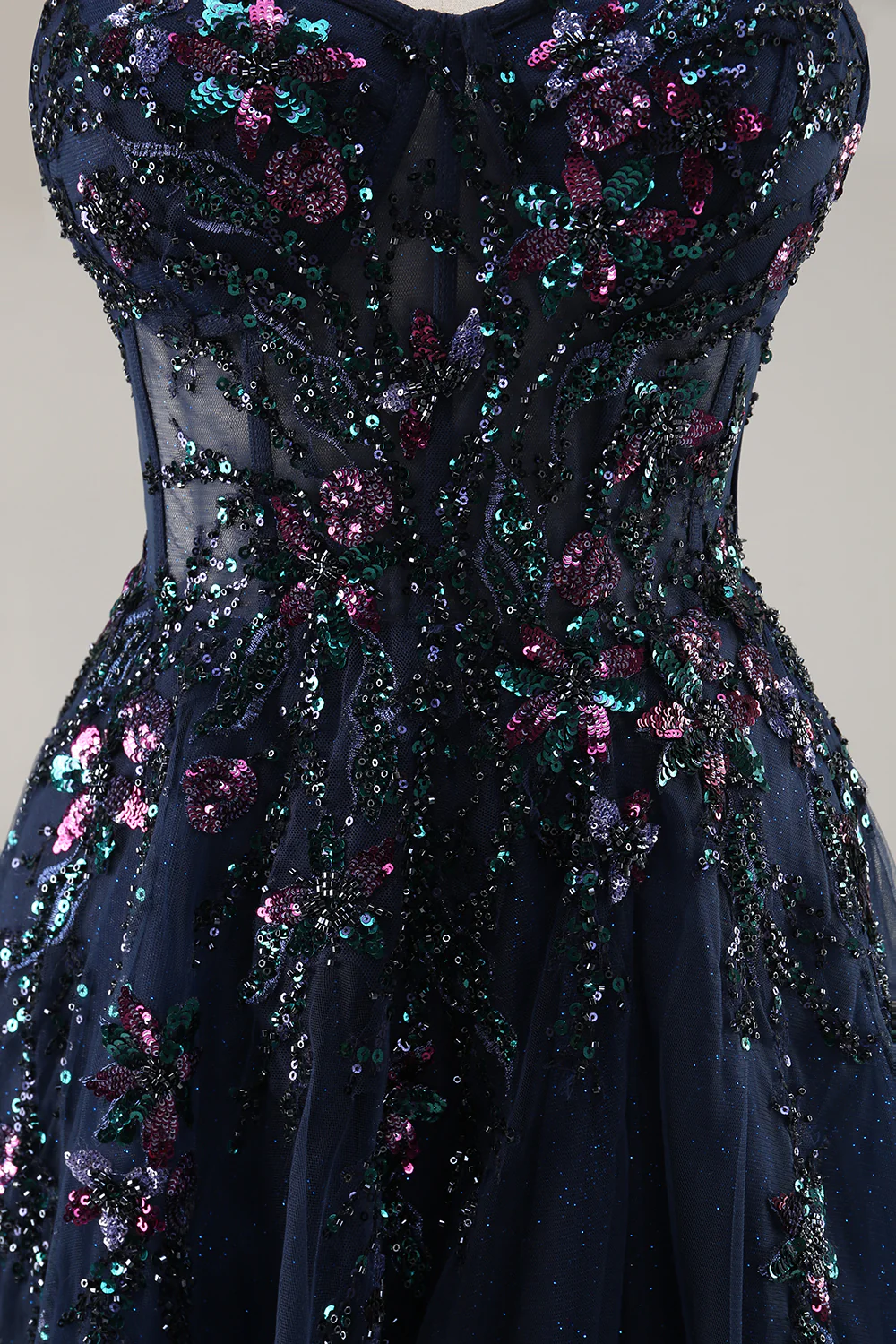 Sparkly Navy Corset Sweetheart Long Prom Dress with Appliques - VNBITS