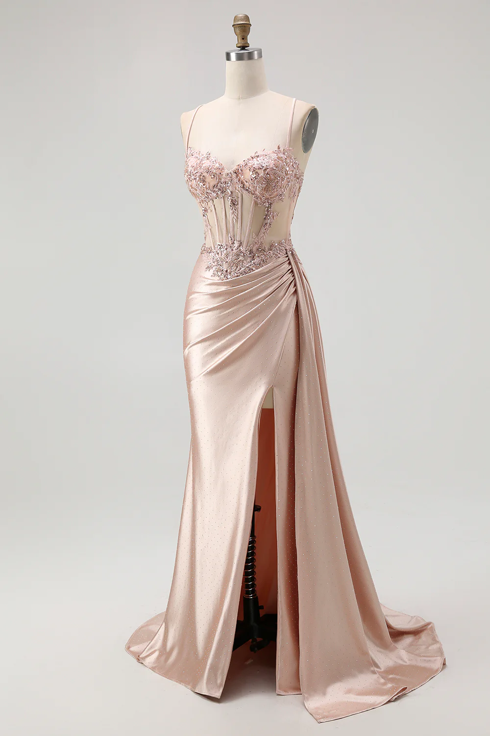 Sparkly Champagne Spaghetti Straps Mermaid Satin Long Prom Dress with Beading - VNBITS