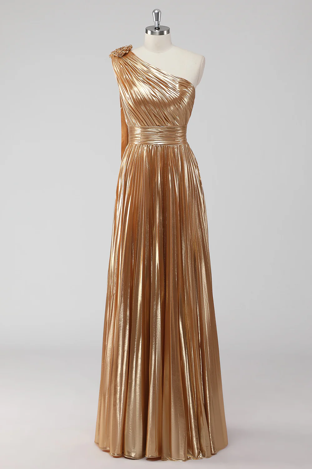 Golden Metallic Satin One Shoulder A-Line Formal Dress - VNBITS