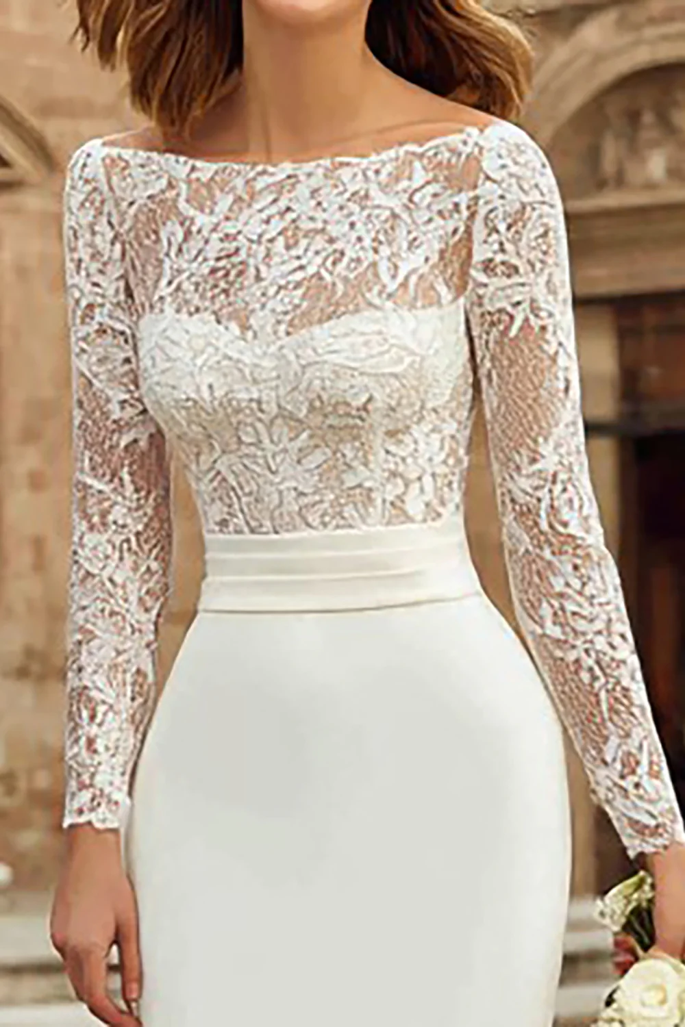 Ivory Bateau Neck Bodycon Midi Wedding Dress with Sleeves - VNBITS