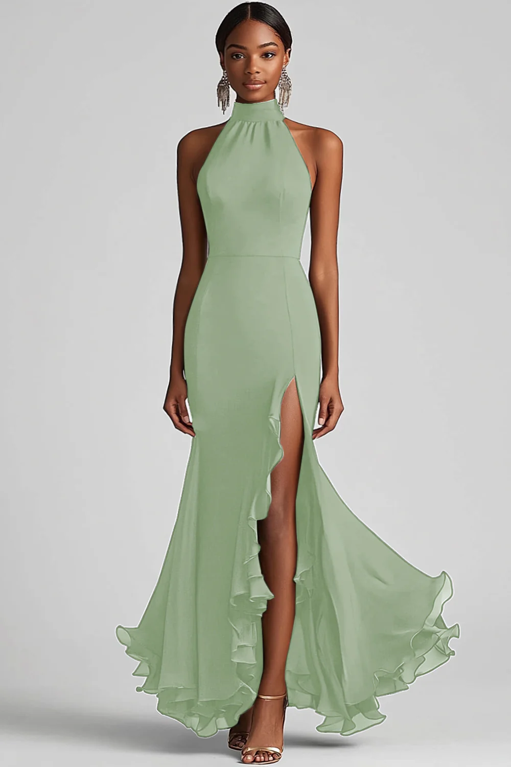 Halter Neck Black Ruffled Mermaid Long Formal Dress with Slit - VNBITS