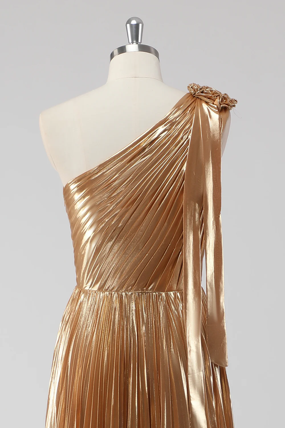 Golden Metallic Satin One Shoulder A-Line Formal Dress - VNBITS