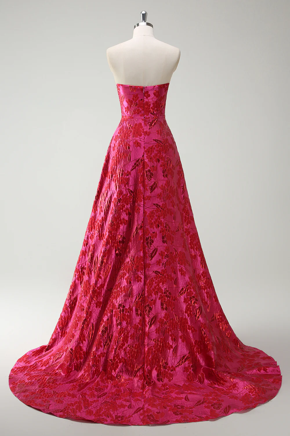 Strapless Fuchsia A Line Floral Long Prom Dress with Slit - VNBITS