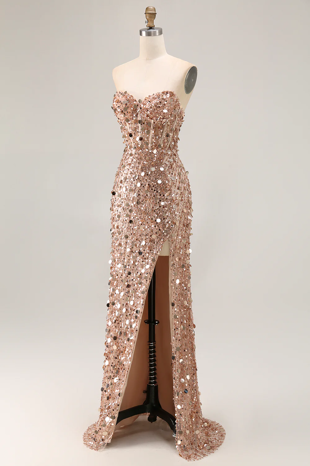 Sparkly Champagne Corset Beaded Long Prom Dress with Slit - VNBITS