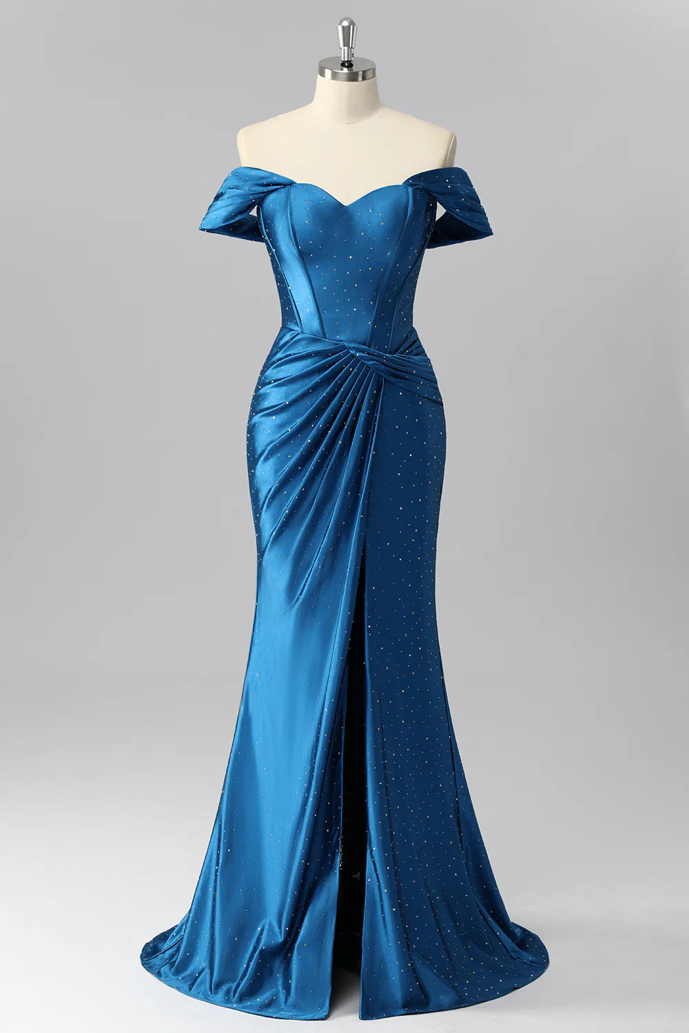 Sparkly Dark Blue Off the Shoulder Satin Mermaid Long Corset Prom Dress with Beading - VNBITS