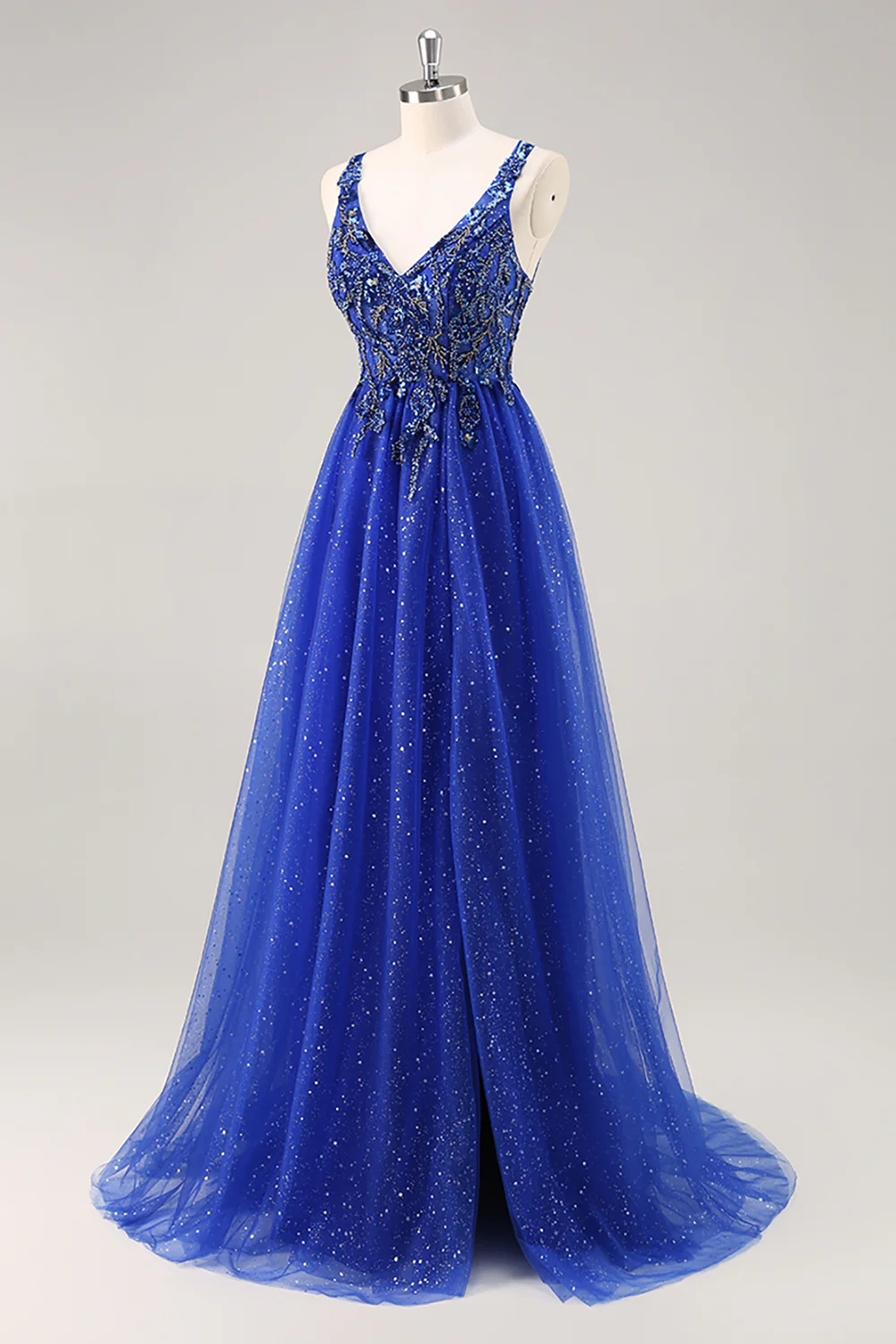 Sparkly Royal Blue Beaded Corset V-Neck Long Prom Dress with Slit - VNBITS