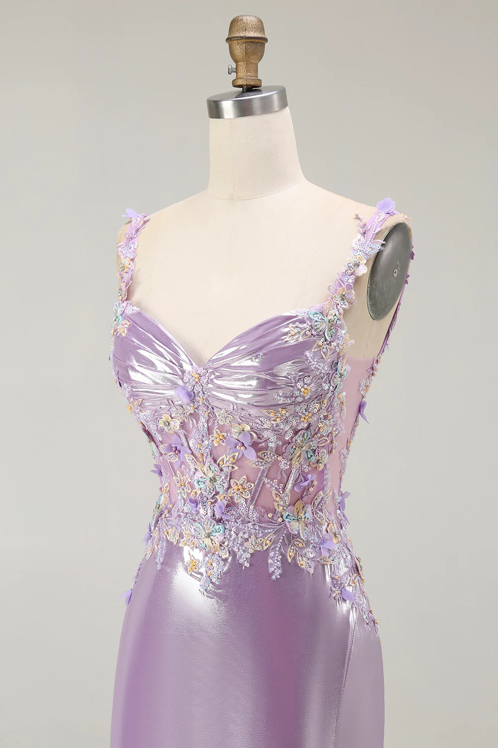Sparkly Lilac Mermaid Floral Long Prom Dress with Slit - VNBITS